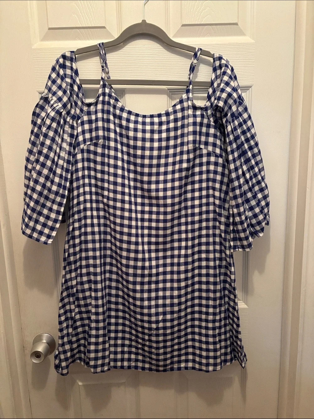 HYFVE Blue and White Checked Cold-Shoulder Tunic Style Dress